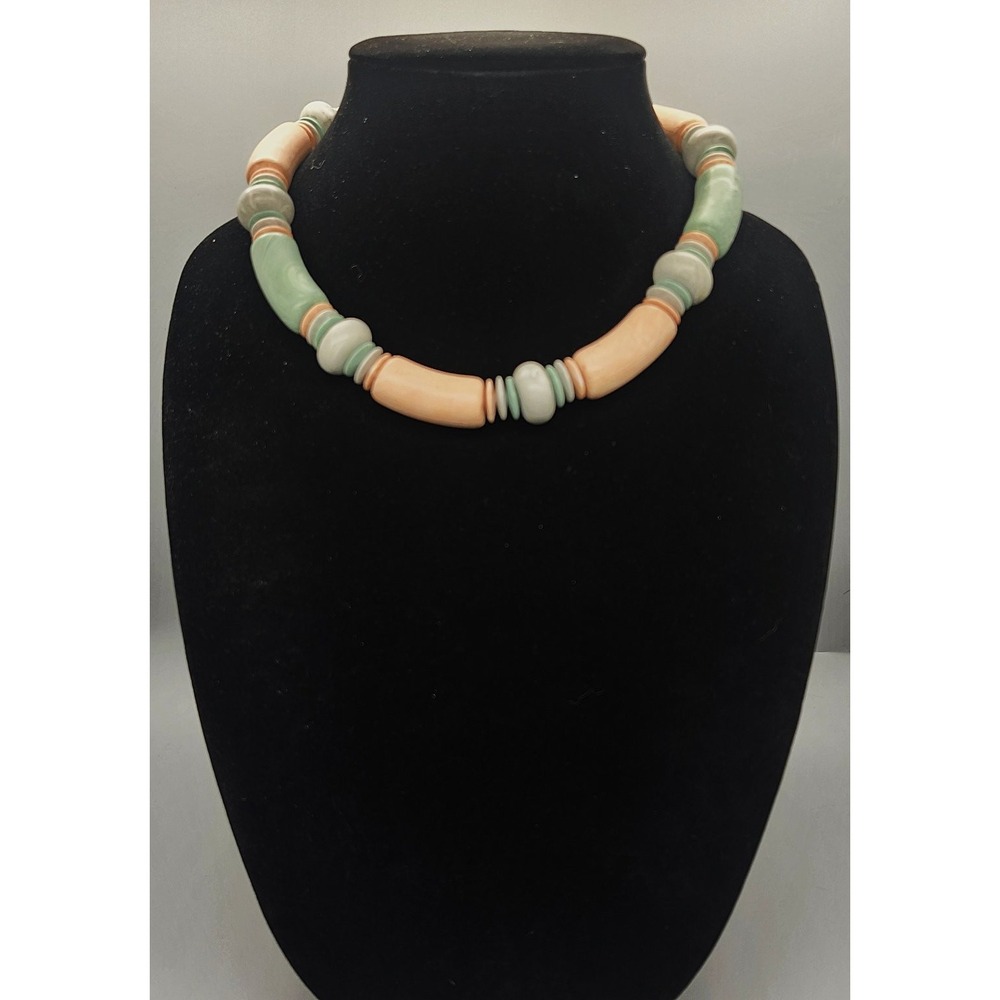 Chunky Beaded Necklace Pastel Peach Green Grey Vintage Style Choker